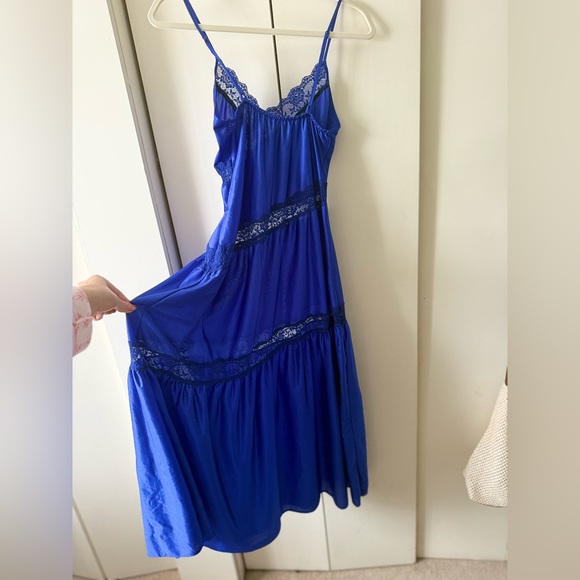 Vintage Slip Dress Royal Blue Vintage Maxi Dress with Asymmetrical Lace Accents - Picture 6 of 8